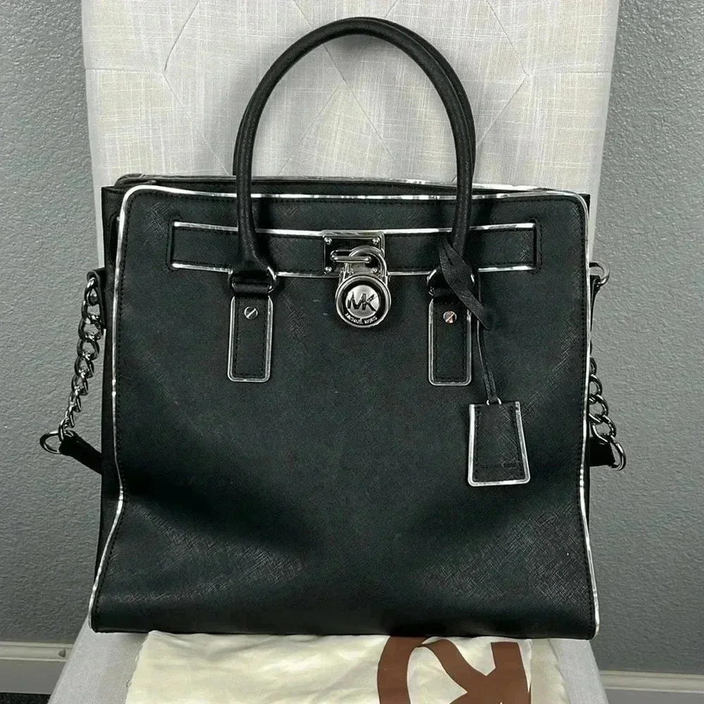 Michael Kors Hamilton Large Black Leather Lock and Key Tote Purse Shoulder bag